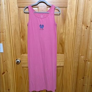 Life Is Good Pink Sleeveless Maxi Dress with Flip Flop & Logo.  Size Small.